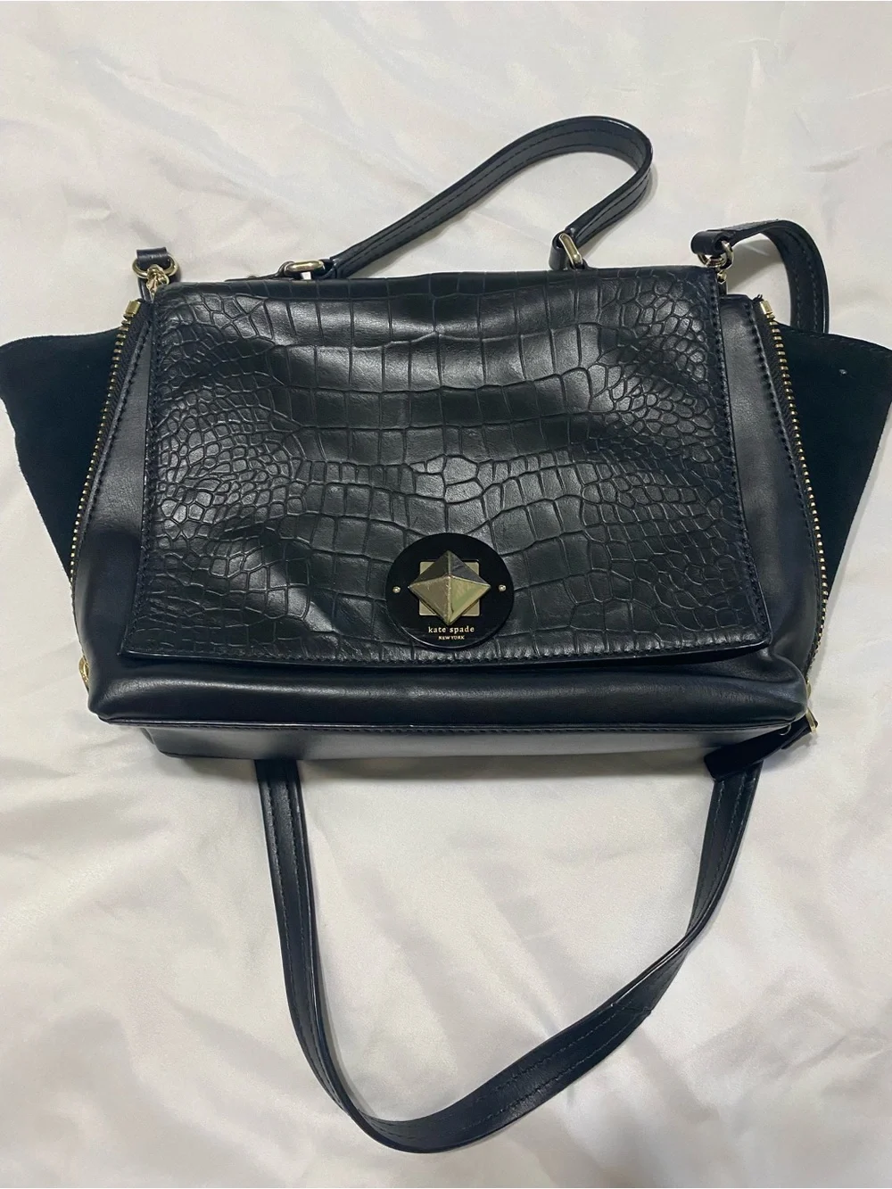 kate spade Black Croc-Textured Leather Shoulder Bag with Gold Hardware